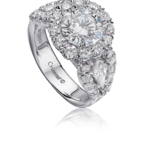 Round Diamond Halo Engagement Ring in White Gold with Unique Side Diamonds and Round Diamond Setting
