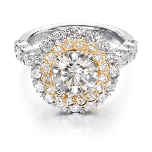 Double Halo Engagement Ring with Round Diamond Center Set in Yellow and White Gold