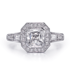 Vintage Style Asscher Cut Diamond Engagement Ring with Halo and Tapered Baguette Side Diamonds