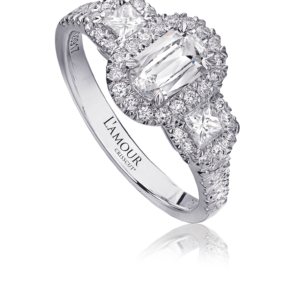 Halo Engagement Ring with Princess Cut Side Diamonds in a White Gold Setting