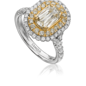 Unique Yellow Diamond Engagement Ring Set in 18K Yellow and White Gold with Double Halo