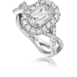18K White Gold Diamond Engagement Ring with Woven Pave Set Band and Halo