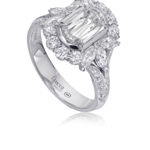 Vintage Inspired Diamond Engagement Ring with Marquise Side Diamonds and Pave Setting