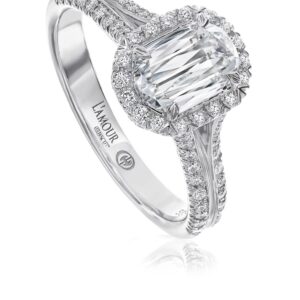 Halo Diamond Engagement Ring with Round Cut Diamond Split Shank in 18K White Gold