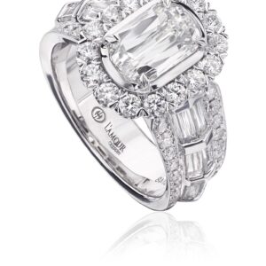 Elegant Halo Engagement Ring with Baguette and Round Diamond Setting