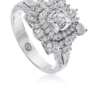 Vintage Inspired Unique Engagement Ring with Cushion Cut Diamond Center in 18K White Gold