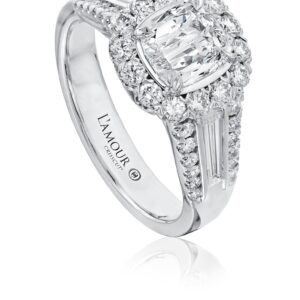 Halo Engagement Ring with Cushion Cut Diamond with Tapered Baguette and Round Diamond Sides
