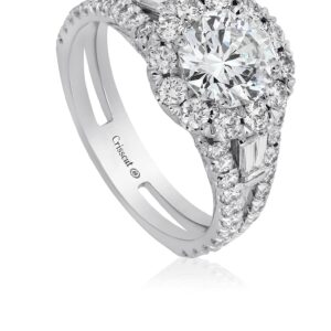 Round Diamond Halo Engagement Ring with Tapered Baguette and Diamond Band