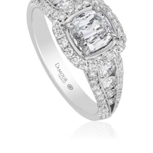 Cushion Cut Diamond Engagement Ring with 3 Row Diamond Band and Halo
