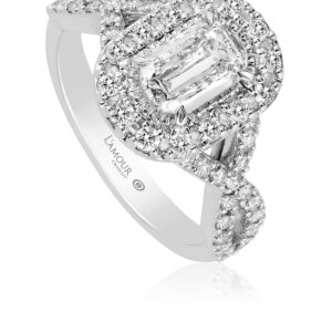 Traditional Halo Engagement Ring with Pave Set Diamond Twist Band