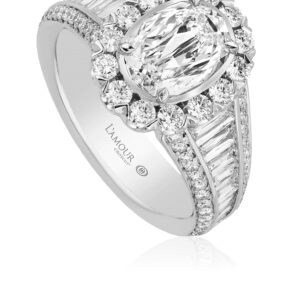 Oval Diamond Engagement Ring with Halo and Tapered Baguette and Round Diamond Band