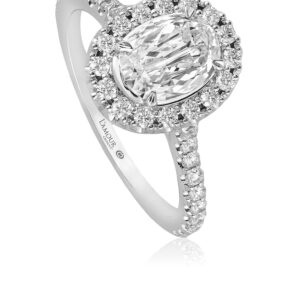Classic Oval Diamond Engagement Ring with Pave Set Diamond Band and Halo