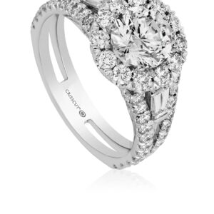 Round Diamond Halo Engagement Ring with Tapered Baguette and Diamond Band